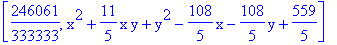 [246061/333333, x^2+11/5*x*y+y^2-108/5*x-108/5*y+559/5]